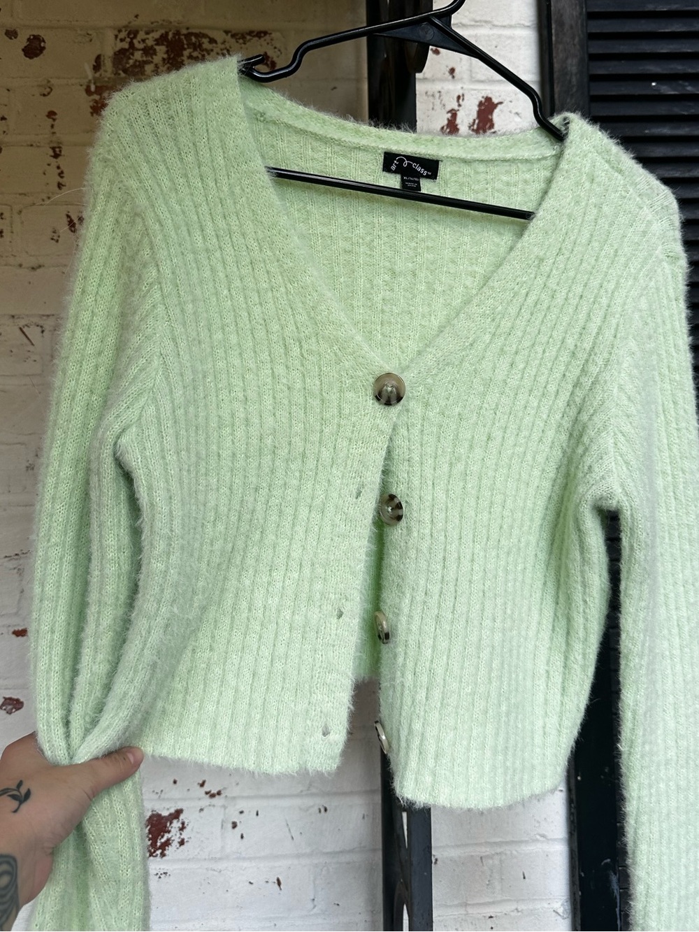 art class Mint Green Fuzzy Ribbed V-Neck Button Cardigan